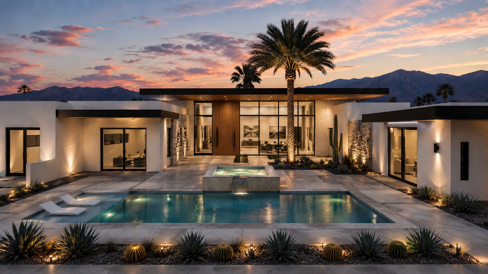 Pool and spa courtyard at twilight