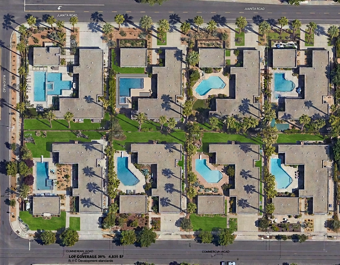Pueo Palm Springs site plan — 8 entitled lots with pools, spas, and desert landscaping